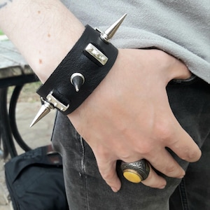 Gothic Leather Spiked Bracelet - High Quality Punk Spike Rivets Cuff - Black Adjustable Cuff Bangle - Spiked Wristband Goth Style Bracelet !