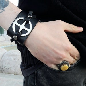 Leather bracelet with Celtic Cross for men or women, wide wrist cuff bracelet, Black wide leather cuff wristband for men or women