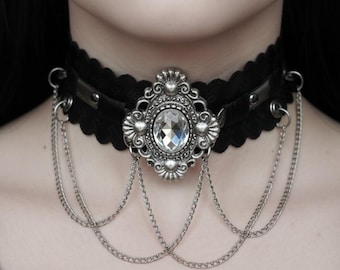 Handmade leather choker High Quality leather with Rhinestone chokers leather rocker style chokers - Leather Gothic Chain Choker !