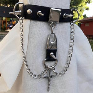 Handmade High Quality Leather Choker with Metal Spikes - Rocker Style Cross Choker !