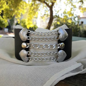 Handmade leather choker High Quality leather with metal Heart chokers leather rocker style chokers - Leather Gothic Chain Choker !