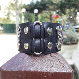 Leather bracelet with for men or women, wide Leather wrist cuff bracelet, Black wide leather cuff wristband for men or women