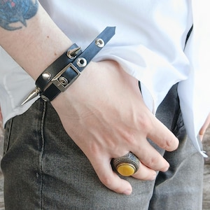 Gothic Leather Spiked Bracelet - High Quality Punk Spike Rivets Cuff - Black Adjustable Cuff Bangle - Spiked Wristband Goth Style Bracelet !