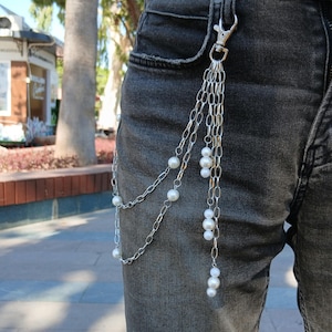 Metal Punk Rock Layered Chain Keychains For Men Women Waist Key Chain Wallet Jeans Hip-hop Pants Belt Chains Jewelry White Pearl Pants Chain