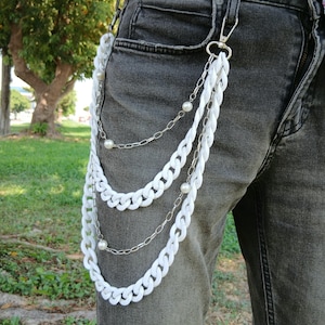 Metal Punk Rock Layered Chain Keychains For Men Women Waist Key Chain Wallet Jeans Hip-hop Pants Belt Chains Jewelry White Pearl Pants Chain