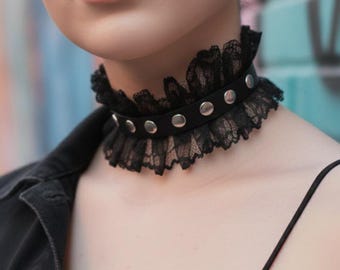 Handmade leather choker High Quality leather with  Ruffled lace Choker rocker style chokers - Leather Gothic Choker !