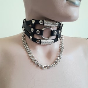 Handmade leather choker High Quality leather with metal ring chokers leather rocker style chokers - Leather Gothic Chain Choker !