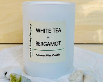 8oz Glass Jar Candle | Coconut Wax | White Tea and Bergamot Scented