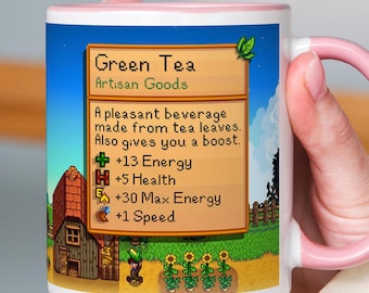 Stardew Valley Green Tea Stats Mug, Cozy Pixel Art Gamer Gift, Retro Video Game Merchandise, Cute Artisan Goods Mug for Tea Lovers