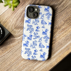 Toile Dachshund Phone Case Blue and White Sausage Dog Cover Doxie Mom French Country Samsung Google Pixel 9 iPhone Case Cute Wiener Dog Gift