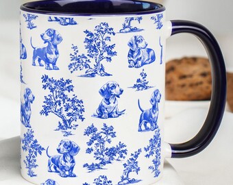 French Toile de Jouy Dachshund Mug Doxie Coffee Cup Sausage Dog Gift Dog Mom Mug New Puppy Gift Wiener Dog Gift  Vintage Style Mug