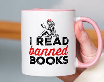 I Read Banned Books Mug, Book Lover Coffee Cup, Funny Literary Mug, Retro Feminist Bookworm Gift, Unique Mug for Readers and Librarians