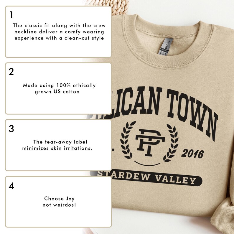 Stardew Valley Pelican Town Sweatshirt, Varsity Style Design, Stardew Valley Inspired, Crewneck Jumper, Cozy Sweater, Gamer Gift, Video Game image 8