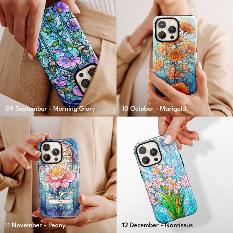 a woman holding a phone case with flowers on it
