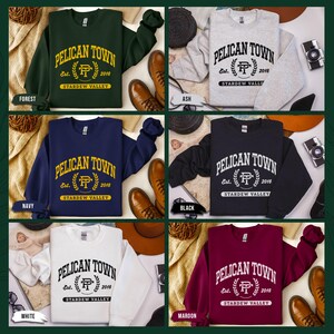Stardew Valley Pelican Town Sweatshirt, Varsity Style Design, Stardew Valley Inspired, Crewneck Jumper, Cozy Sweater, Gamer Gift, Video Game image 5