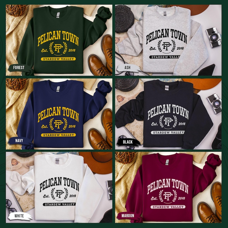 Stardew Valley Pelican Town Sweatshirt, Varsity Style Design, Stardew Valley Inspired, Crewneck Jumper, Cozy Sweater, Gamer Gift, Video Game image 5