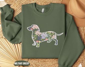 Dachshund Floral Sweatshirt, Wildflower Doxie Silhouette Unisex Sweatshirt, Doxie Mom Gift, Nature Inspired Jumper, Cute Animal Pullover