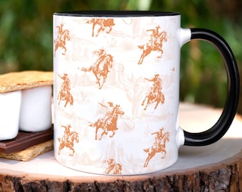 Taza de vaquero Toile de Jouy, taza de café de rodeo, vajilla rústica del oeste, taza de equitación, regalo de vaquera, taza de café de ranchero, arte inspirado en vaqueros