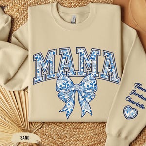 Mama Sweatshirt Blue Ribbon Toile Bow Chinoiserie Mother&#39;s Day Gift Aesthetic Mom Shirt Cute Mom Sweatshirt Girly Gift for Mom
