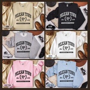 Stardew Valley Pelican Town Sweatshirt, Varsity Style Design, Stardew Valley Inspired, Crewneck Jumper, Cozy Sweater, Gamer Gift, Video Game image 6