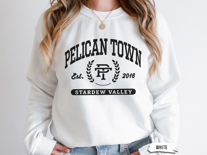 Stardew Valley Pelican Town Sweatshirt, Varsity Style Design, Stardew Valley Inspired, Crewneck Jumper, Cozy Sweater, Gamer Gift, Video Game image 2