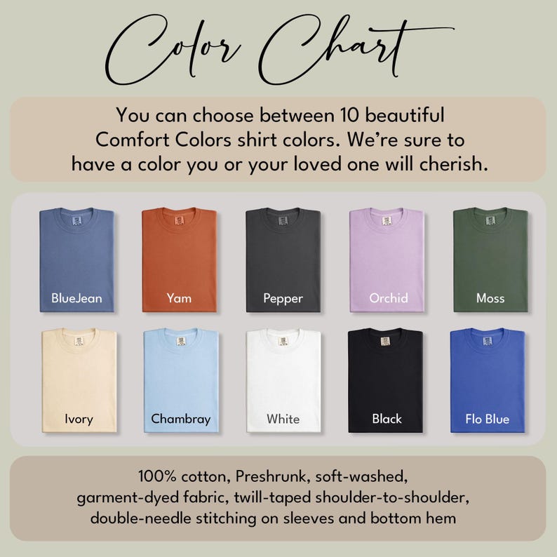 May include: Color chart showing 10 different t-shirt colors. The colors are: BlueJean, Yam, Pepper, Orchid, Moss, Ivory, Chambray, White, Black, and Flo Blue. The text below the chart says: "100% cotton, Preshrunk, soft-washed, garment-dyed fabric, twill-taped shoulder-to-shoulder, double-needle stitching on sleeves and bottom hem."