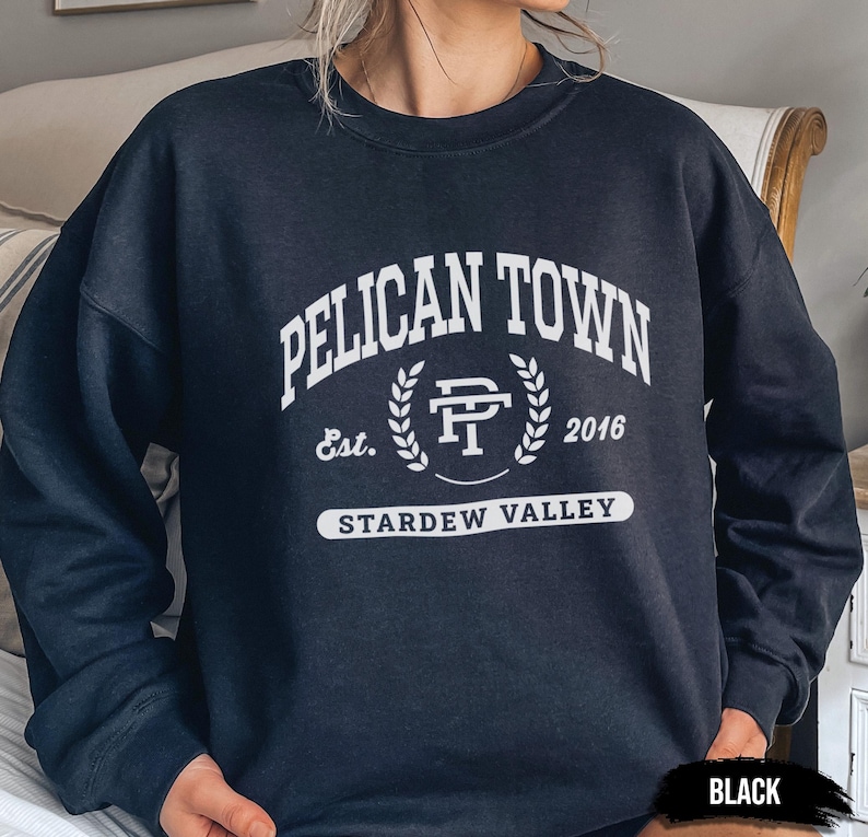 Stardew Valley Pelican Town Sweatshirt, Varsity Style Design, Stardew Valley Inspired, Crewneck Jumper, Cozy Sweater, Gamer Gift, Video Game image 9