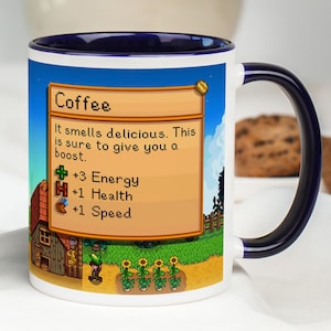 Stardew Valley Coffee Stats Mug, Pixel Art Gamer Gift, Cozy Retro Gaming Mug Artisan Goods Cute Video Game Merchandise Coffee Stardew Valley