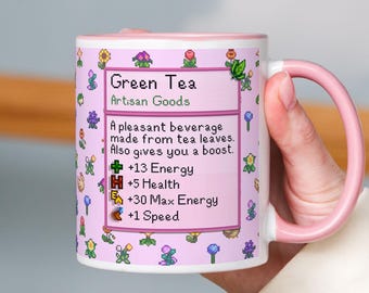 Stardew Valley Green Tea Stats Mug, Cozy Girl Gamer Gift, Retro Video Game Merchandise, Stardew Valley Cup Mug for Tea Lovers