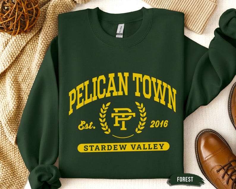 Stardew Valley Pelican Town Sweatshirt, Varsity Style Design, Stardew Valley Inspired, Crewneck Jumper, Cozy Sweater, Gamer Gift, Video Game image 1