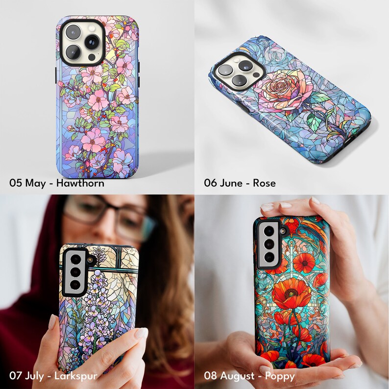 a woman holding a phone case with flowers on it