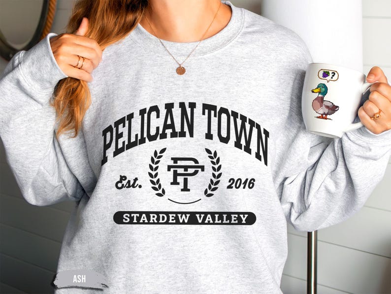 Stardew Valley Pelican Town Sweatshirt, Varsity Style Design, Stardew Valley Inspired, Crewneck Jumper, Cozy Sweater, Gamer Gift, Video Game image 3