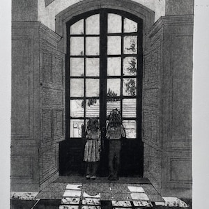 May include: A monochrome etching shows two figures gazing through a large, multi-paned door. The door is set within elaborate architectural features. Sunlight enters, creating shadows on the floor. The image conveys a feeling of intrigue and wonder.