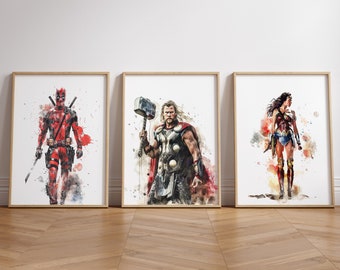 Stampe artistiche di supereroi ad acquerello, set di 3 Avengers (download digitale)