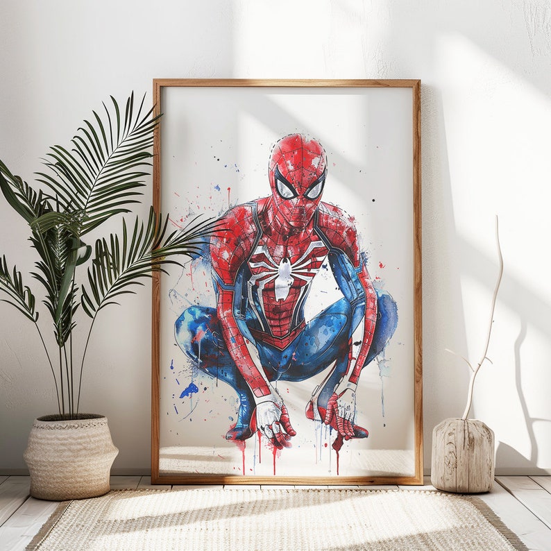 Pu&ograve; includere: Un dipinto ad acquerello di Spider-Man con un costume rosso e blu con un logo di ragno nero sul petto. Lo sfondo &egrave; una tela bianca con schizzi di vernice blu e rossa.