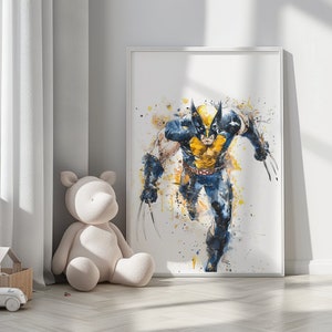 Puede incluir: Una impresión enmarcada en acuarela de Wolverine en una pose dinámica, representada en tonos de azul, amarillo y naranja. La obra de arte presenta un efecto de estilo salpicadura, con las garras del personaje extendidas. La impresión está enmarcada en blanco.