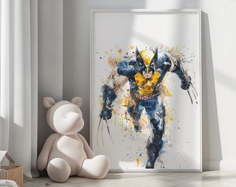 Stampa artistica ad acquerello di Wolverine, decorazione per la stanza dei supereroi (download digitale)