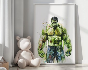Stampa artistica ad acquerello di Hulk, decorazione per la cameretta dei ragazzi supereroi (download digitale)