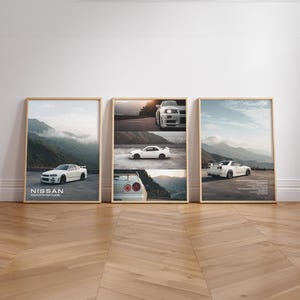 Vit Nissan R34 GTR Skyline-posterset - 3 foton digital nedladdning för bilentusiaster och heminredning