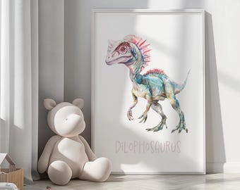 Dilophosaurus Poster, Watercolour Dinosaur Poster Nursery Room, Dinosaur Prints, Nursery Decor, Wall Decor, Digital Download, Dino Print