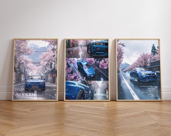 Póster Skyline del Nissan R34 GTR azul: descarga digital de 3 fotos para entusiastas de los coches y la decoración del hogar.
