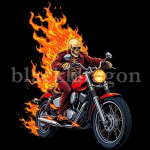 Diseño de motociclista esqueleto en llamas - Arte digital imprimible de motociclista gótico para camisetas, pegatinas, decoración de pared y regalos / 300 DPI PNG y JPG