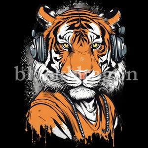 Cool Headphone Wearing Tiger Digital Art - Printable Hip Hop Tiger Design for T-Shirt, Stickers, Wall Art, Gifts | 300 DPI PNG & JPG