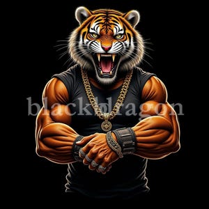 Gangster Tiger Design - Printable Muscular Wildcat Digital Art for T-Shirts, Stickers, Wall Art, Gifts | 300 DPI PNG & JPG