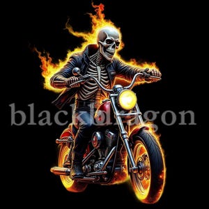 Arte digital de motociclista con esqueleto en llamas, diseño de motociclista gótico imprimible para camisetas, pegatinas, regalos y decoración mural / 300 DPI PNG y JPG