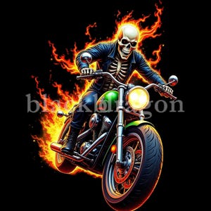 Arte digital de motociclista con esqueleto en llamas, diseño de motociclista gótico imprimible para camisetas, pegatinas, regalos y decoración mural / 300 DPI PNG y JPG