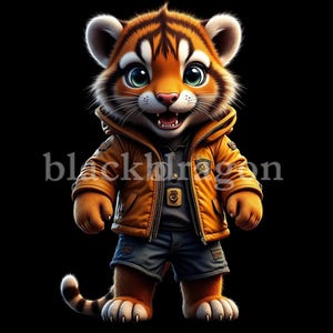 Adorable Cool Tiger Design - Printable Cute Tiger Cub in Jacket Digital Art for T-Shirts, Stickers, Wall Art, Gifts | 300 DPI PNG & JPG