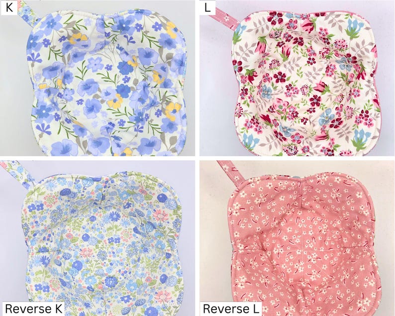 May include: Four quilted bowl cozies with floral patterns. The top left cozy features blue flowers on a white background. The top right cozy has pink and red flowers. The bottom left cozy has a mix of blue, pink, and yellow flowers. The bottom right cozy is pink with white flowers.