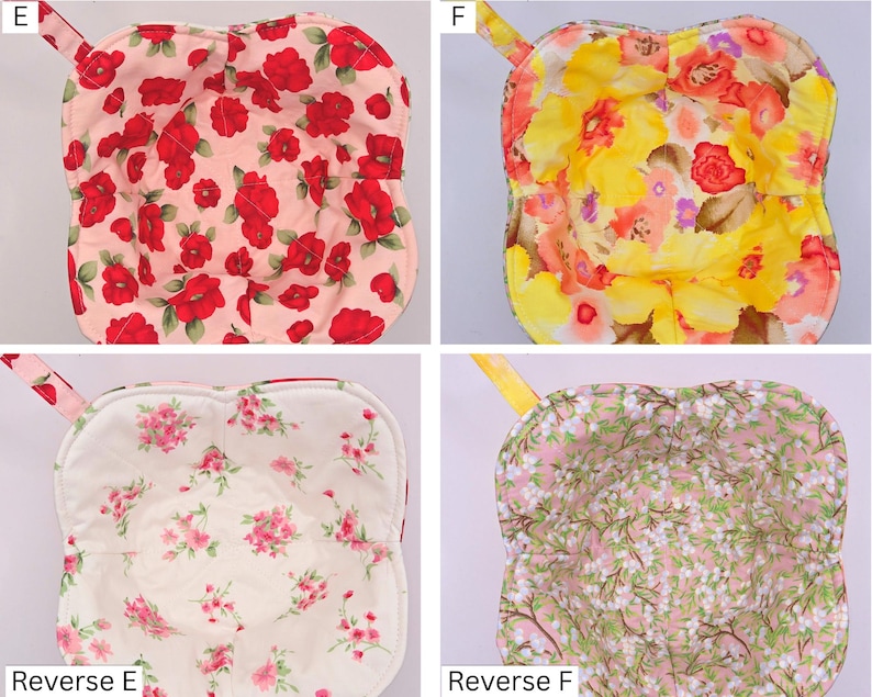 May include: Four floral bowl cozies with matching handles. The cozies feature various floral patterns, including red poppies on a pink background, yellow and orange flowers, pink roses, and a light pink floral design.