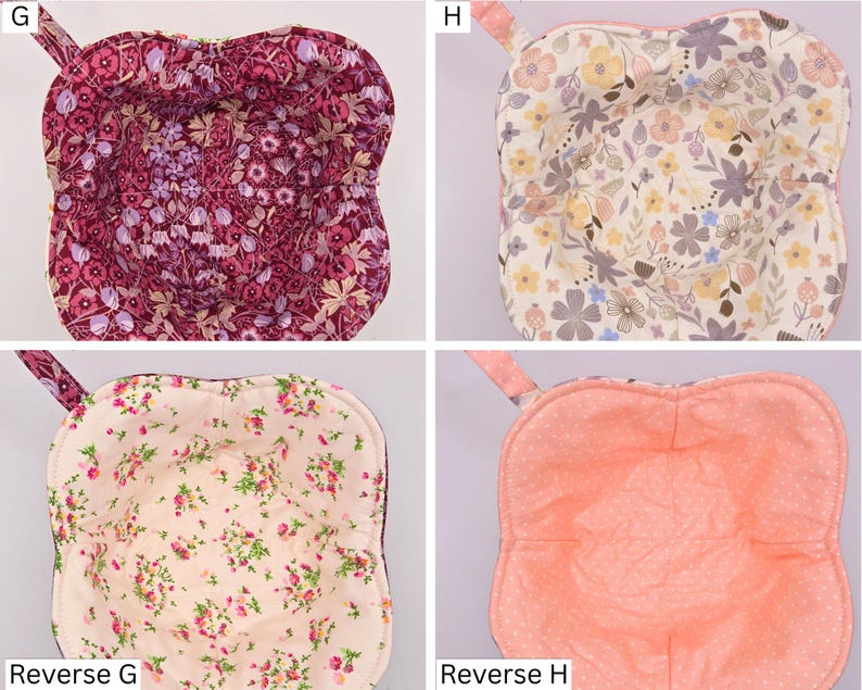 May include: Four quilted bowl cozies with floral patterns. The top left cozy has a burgundy floral design, the top right has a cream floral pattern, the bottom left has a pink floral pattern, and the bottom right is peach with white polka dots. Each has a fabric loop.